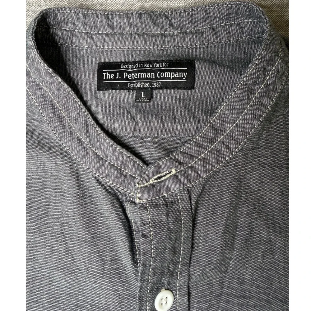 The J Peterman Company Mens L Gray Cotton Chambray Band Collar Long Sleeve Shirt - Picture 3 of 7